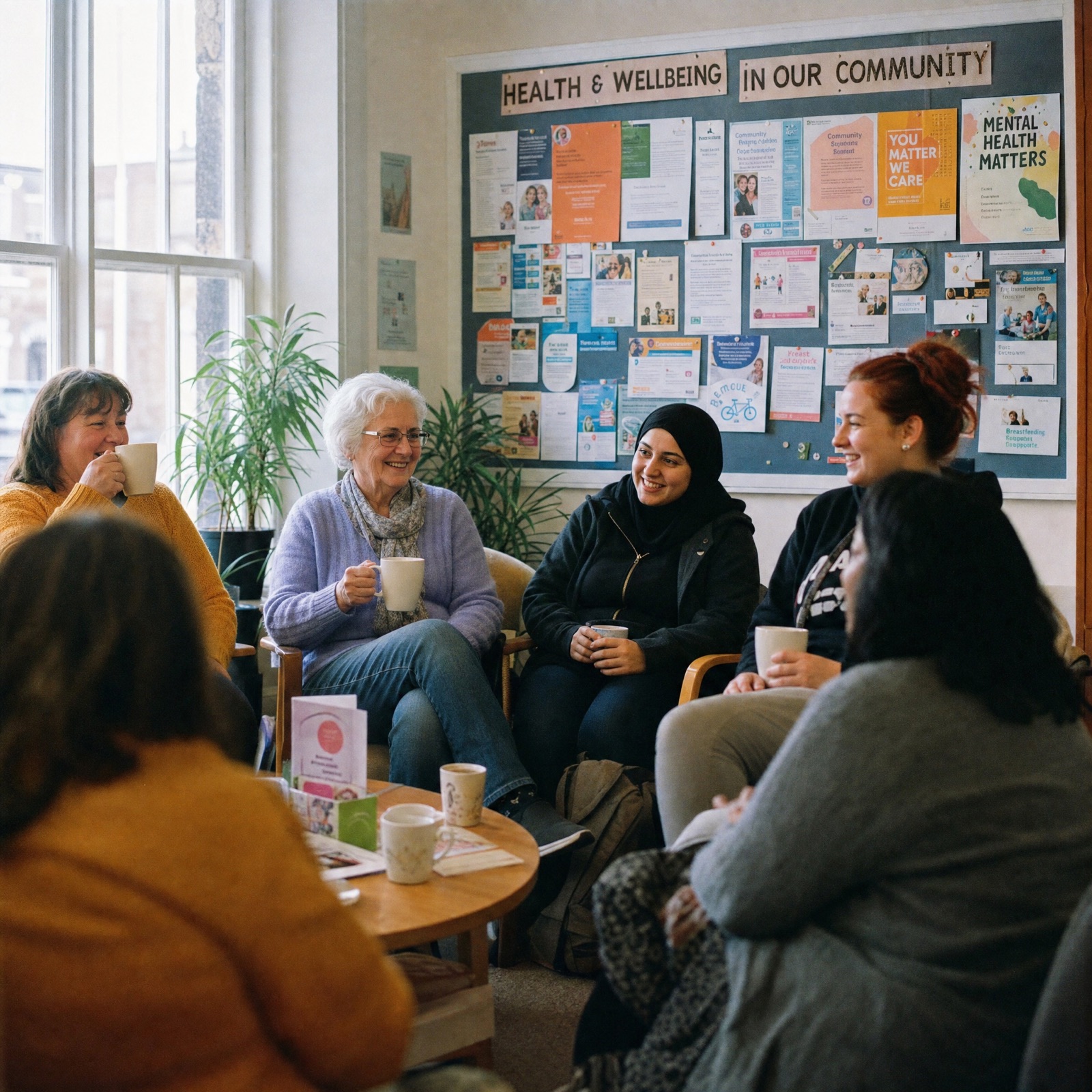An older woman and a support worker looking at a tablet together in a community centre