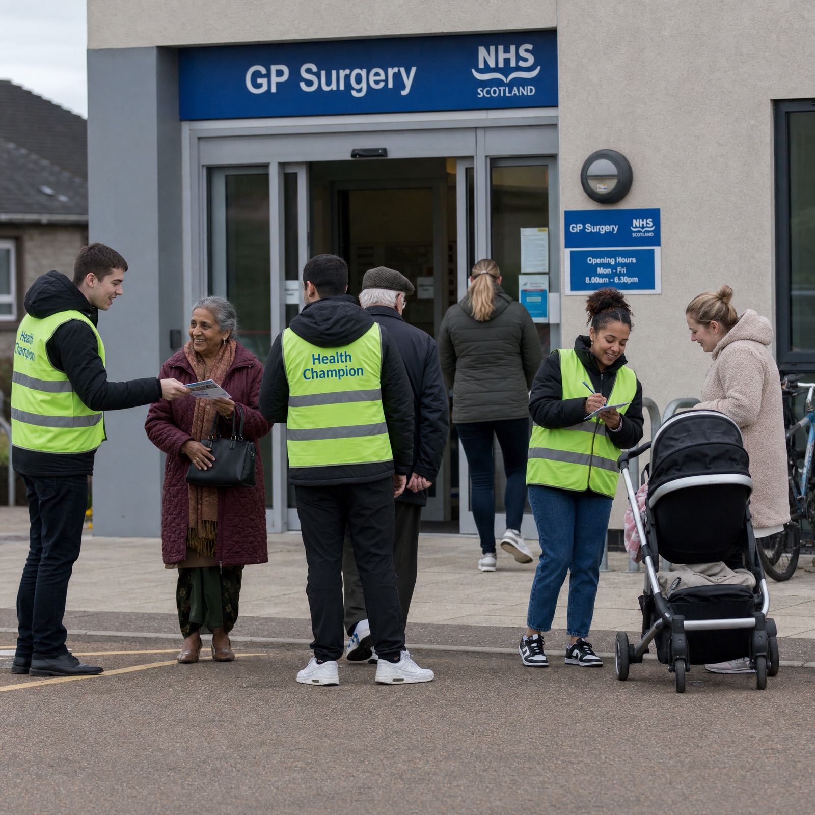 Volunteer talking with residents outside a community centre in Ayr